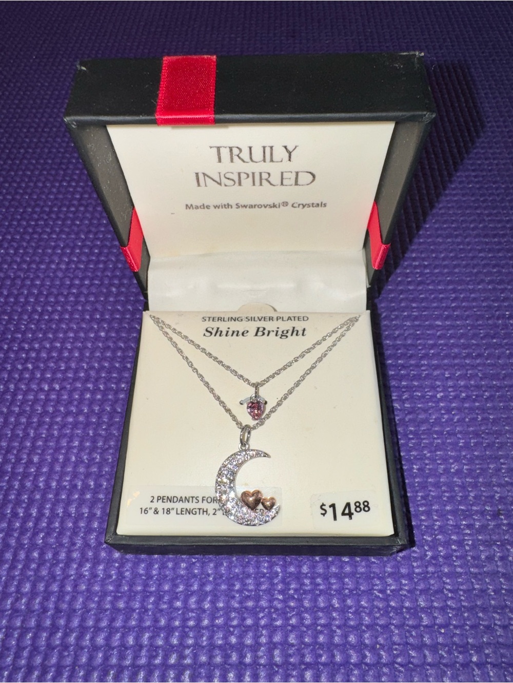 Sterling Silver Plated Pink Crystal Moon & Heart Necklace Set
